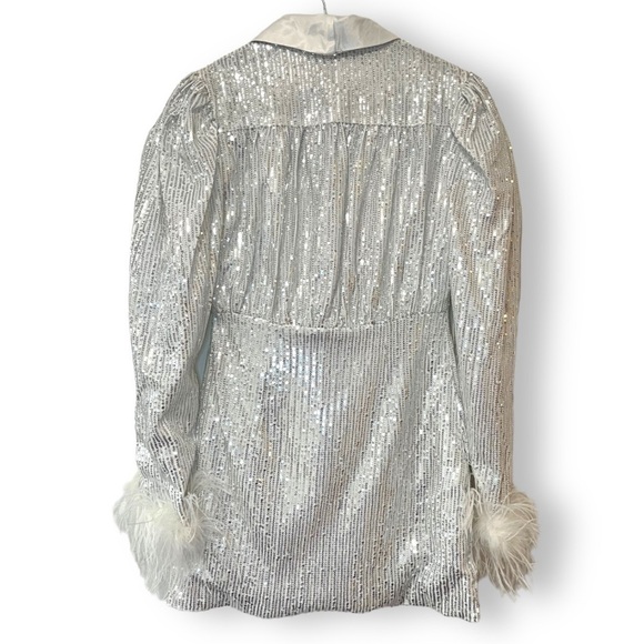 Thiliko Silver Sequin Satin Lined Long Blazer w/ white boa feather trim NWT - Picture 7 of 7